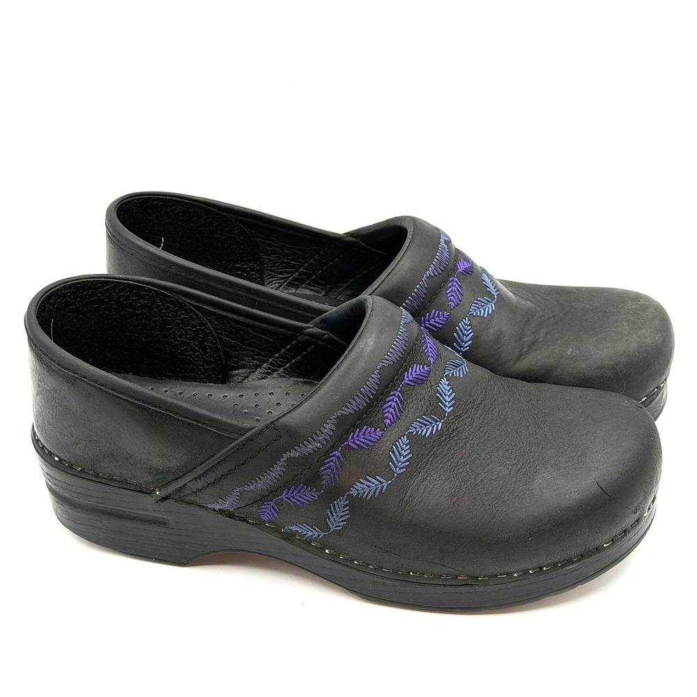 Dansko Purple Embroidered Clogs Women US9.5 EU40 Black Leather Office Comfort